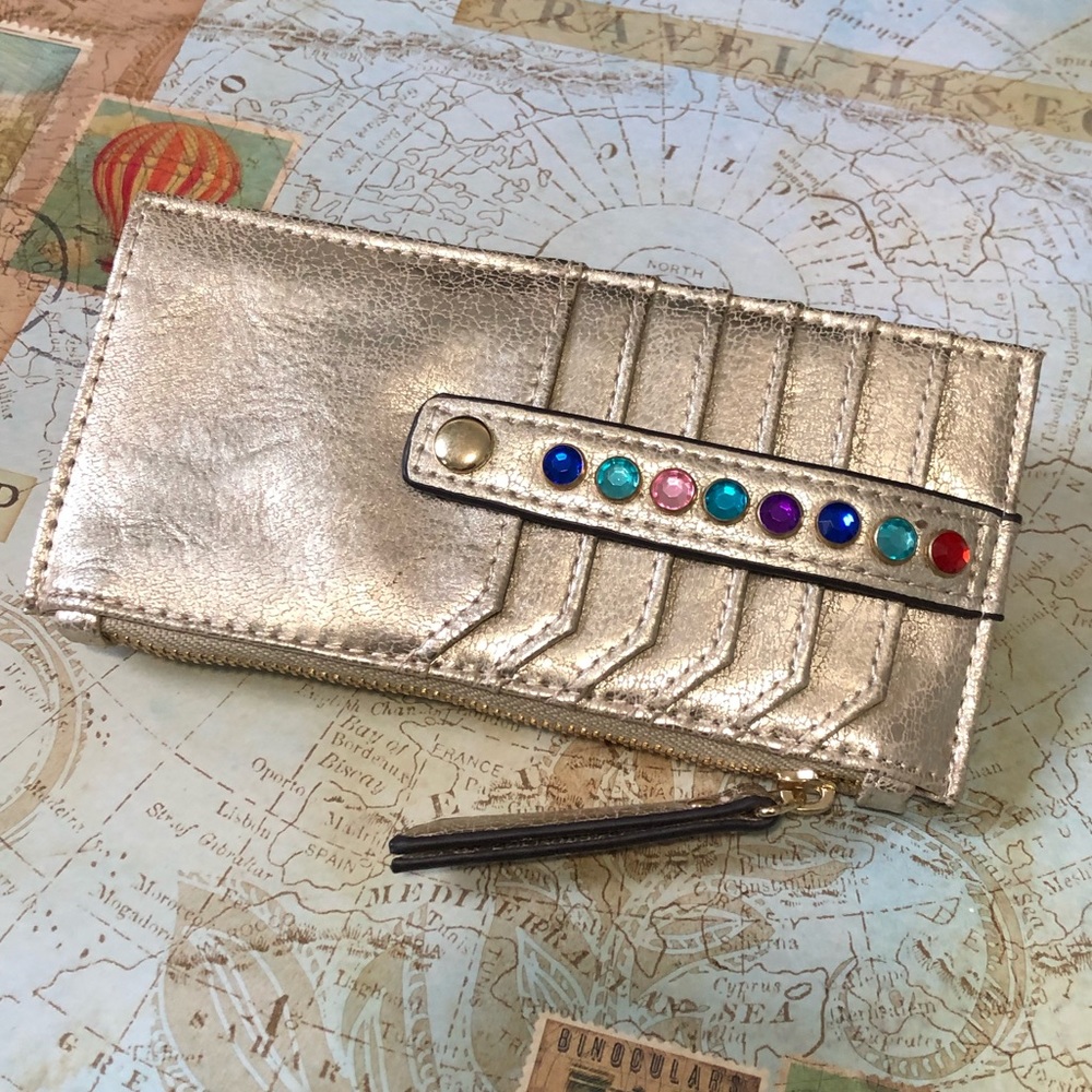 Gold wallet card holder cash skinny zip rhinestone